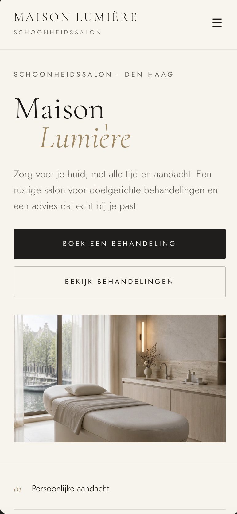 Mobiele homepage van Maison Lumière